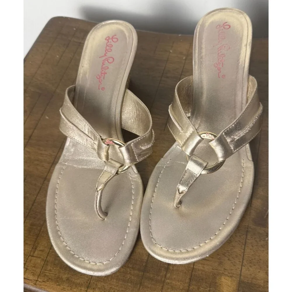 Lilly Pulitzer McKim Gold Metallic Leather Wedge Sandals Women’s 8M Resort